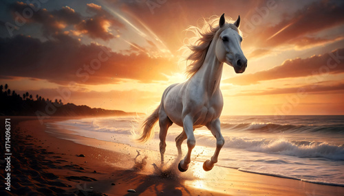 White horse running along the beach at sunset 