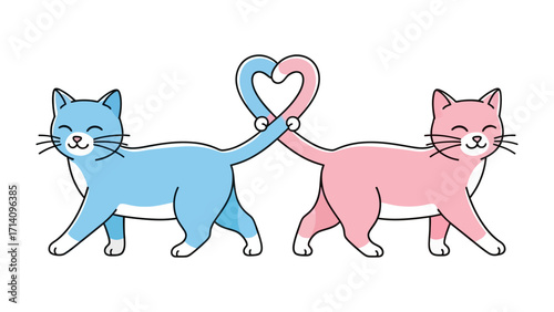 Love in Purr-adise: Two adorable cats, one in a cheerful blue hue and the other in a sweet pink, joyfully connect their tails to form a heart. Capturing the essence of friendship, companionship.