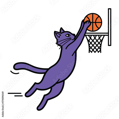 Slam Dunking Cat: A whimsical and energetic illustration captures a purple cat in mid-air, performing a slam dunk with a basketball against a crisp backdrop.