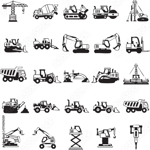 Construction Vehicles and Equipment Icon Set.