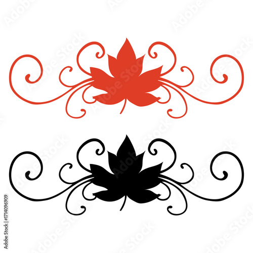 Logo con hoja de arce con filigrana caligráfica. Silueta con florituras para felicitaciones y tarjetas del Día de Acción de Gracias