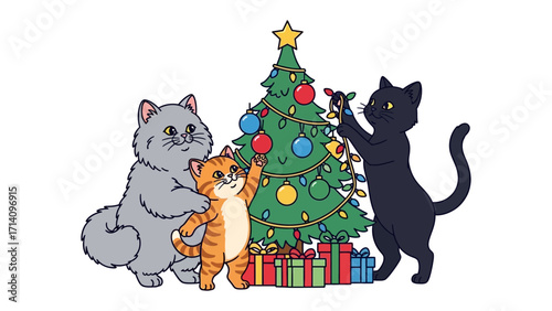 Festive Felines Decorate Christmas: A charming tableau features three adorable cats decorating a Christmas tree, symbolizing joy and togetherness in a whimsical setting.