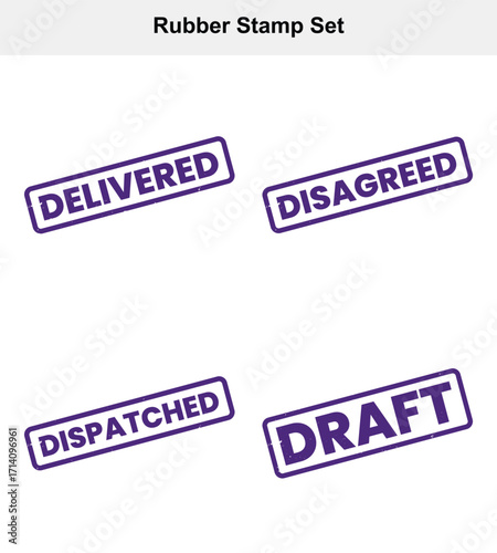 Purple Rubber Stamp Set with Delivered Disagreed Draft Dispatched on White Background