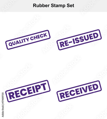 Valokuva Purple Rubber Stamps Set Quality Check, ReIssued, Receipt, and Received on White