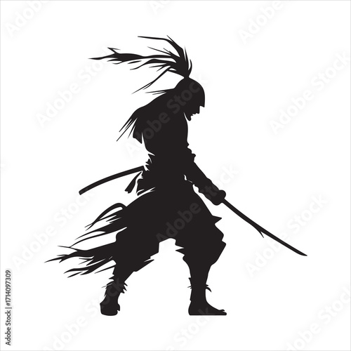 Dynamic samurai warrior silhouette with flowing hair and raised katana, feudal Japanese action pose vector art