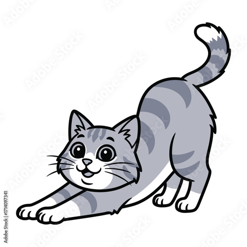 Playful Cat Stretching: An animated illustration of a gray tabby cat joyfully stretching, its eyes sparkling with mirth, bringing a touch of cheer.