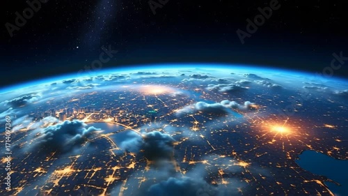 Video of moving satellite with view from space on night city through clouds panoramic angle.Slow motion video zooming in and out.AI Generative