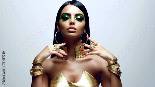 Video of glamorous beauty woman wearing rings and bracelets gold and diamond jewellery fashion posing.Slow motion zoom out.AI Generative