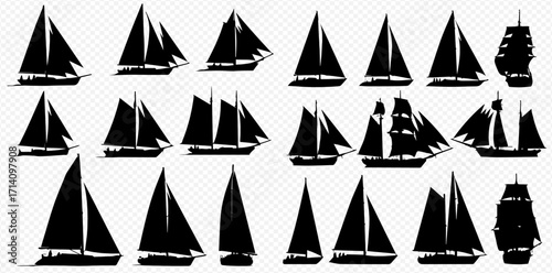 A comprehensive collection of black silhouettes showcasing various types of sailing boats and historic ships.