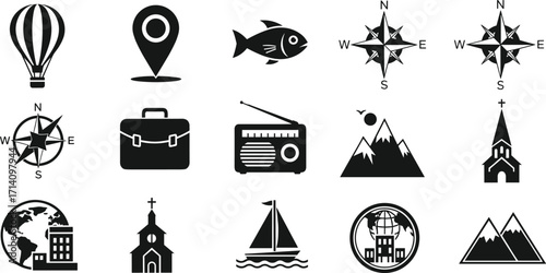 travel, navigation, icon, hot air balloon, location pin, fish, compass, briefcase, radio, mountain, church, globe, sailboat, lighthouse, vector, black, white, design, adventure, exploration