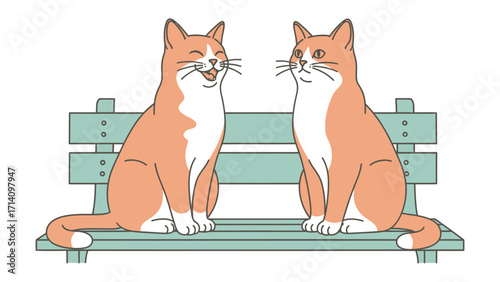 Cats Conversing: Capturing a delightful interaction between two ginger cats, comfortably seated on a park bench, illustrating a heartwarming moment of companionship and friendly conversation.