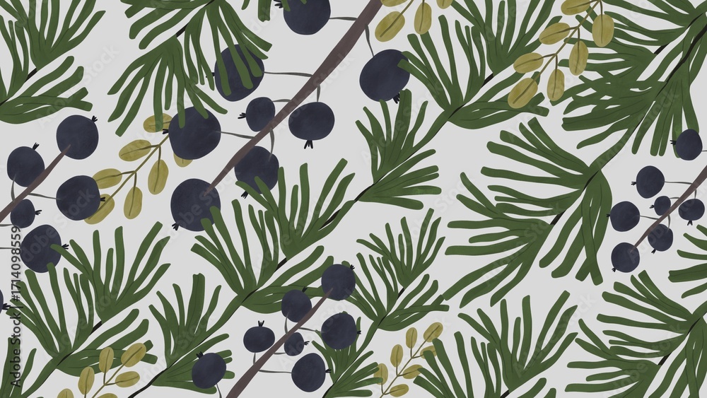 Seamless Pattern of Berries and Evergreen Branches