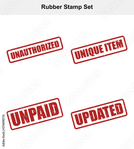 Red Rubber Stamp Set Featuring Unauthorized, Unique Item, Unpaid, and Updated Text
