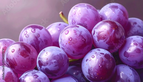 Close up of fresh purple grapes with water droplets on their skin.