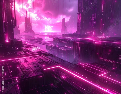 Futuristic cityscape bathed in vibrant pink light
