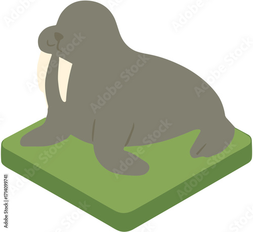 A cute isometric cartoon walrus with tusks on a green square platform.