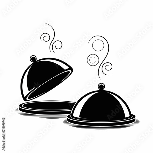 restaurant, food, serving, tray, cloche, dish, meal, dinner, lunch, cuisine, cook, chef, kitchen, hospitality, service, waiter, banquet, platter, lid, dome, cover, gourmet, elegant, plate, hot, steam,