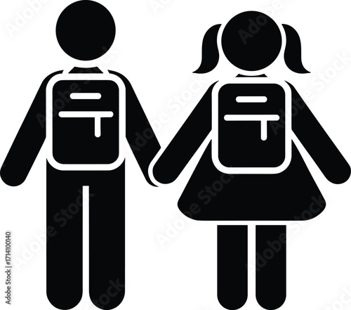 Black silhouette icon of a boy and girl holding hands wearing backpacks, symbolizing children, school, friendship, education, and togetherness.