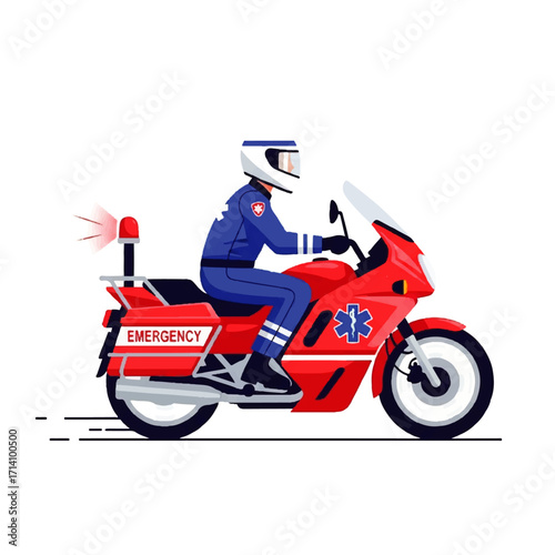 Emergency medical services paramedic riding a rapid response motorcycle, an illustration of a first responder on an ambulance motorbike
