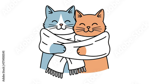 Cozy Companions: Two adorable cartoon cats are wrapped together in a warm embrace, symbolizing friendship and affection. 