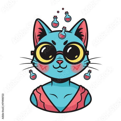 Curious Cat Scientist: A whimsical illustration of a blue cat wearing glasses, surrounded by science bottles, embodies the joy of scientific discovery.