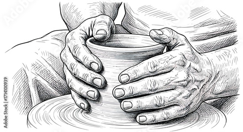 Potter's Hands Shaping Clay on Wheel - Detailed Black and White Sketch Illustration