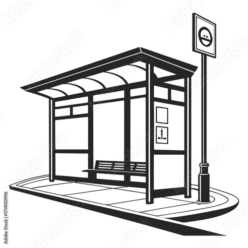Stylized Black and White Illustration of a Modern Bus Stop Shelter with Bench and Sign public transport