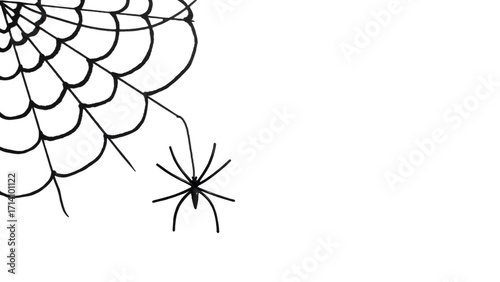 Corner spider web with black spider isolated on white background