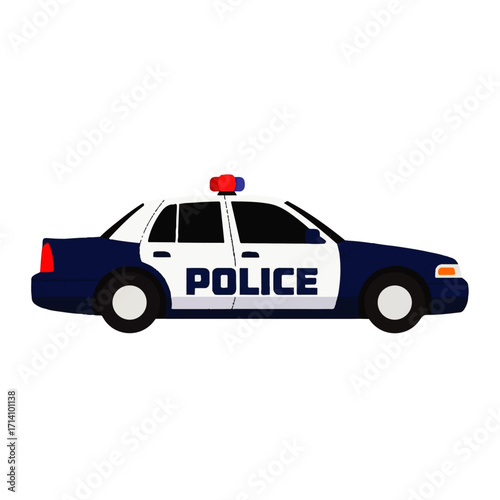 A classic police car, featuring a dark blue and white body with the word 'POLICE' emblazoned on the side and flashing emergency lights on top, captured in a flat illustration style
