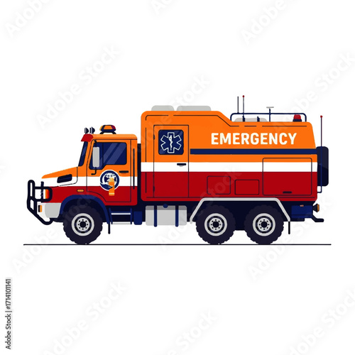 Modern flat design vector illustration of an emergency response vehicle, featuring a vibrant orange and red color scheme, symbolizing rapid action and community safety