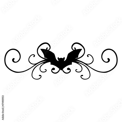 Logo con silueta de murciélago con filigrana caligráfica. Silueta con florituras para su uso en tarjetas y felicitaciones de Halloween