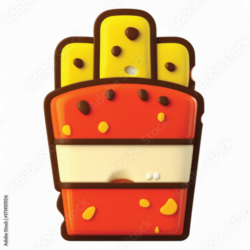 Cartoonish 3D French Fries in a Container.