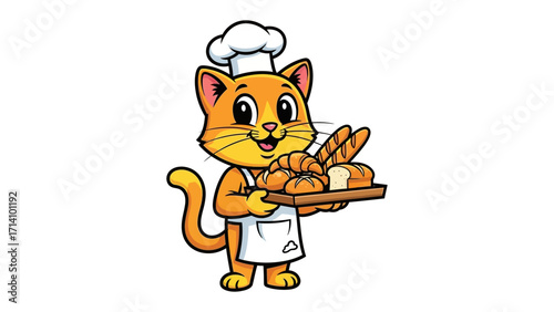 A Whimsical Baker: A cheerful orange cat, adorned in a chef's hat and apron, proudly presents a tray laden with freshly baked bread, evoking feelings of warmth and the simple pleasures of life. 