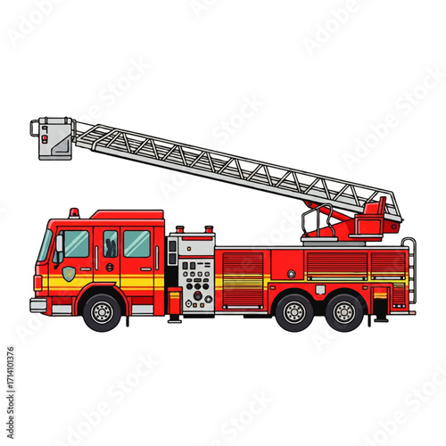 Vivid red emergency fire truck with an extended aerial ladder, designed for critical rescue missions and urban firefighting, symbolizing safety and rapid assistance