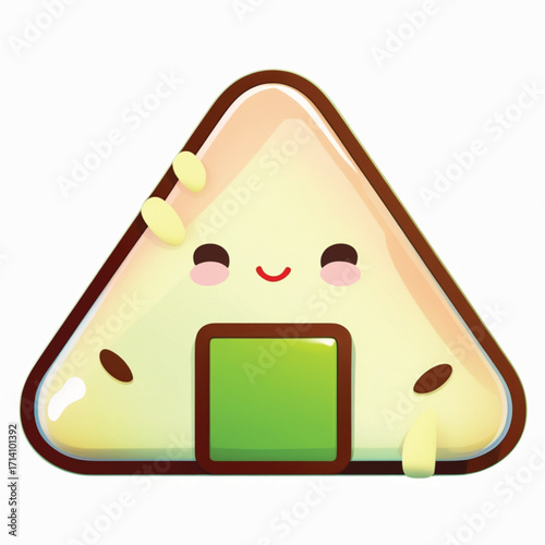 A cute, smiling cartoon onigiri (Japanese rice ball) with a green seaweed wrap and rosy cheeks, depicted in a cheerful, simple style.