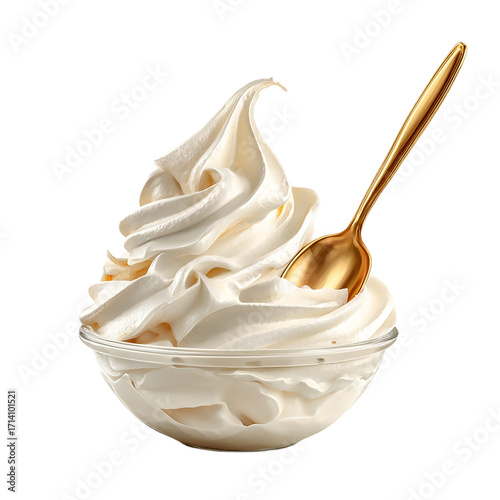 A bowl of soft serve ice cream with a golden spoon on a  isolated on transparent background