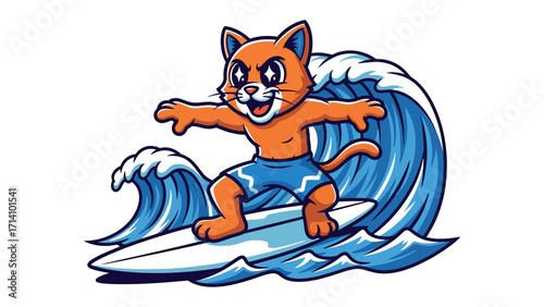 Surfing Cat on the Crest: A playful cartoon cat, a whimsical depiction of a cat with bright eyes, confidently rides a surfboard across a towering wave, embodying the spirit of adventure.