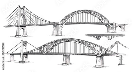 Hand-Drawn Architectural Bridges Sketch Collection - Diverse Engineering Line Art