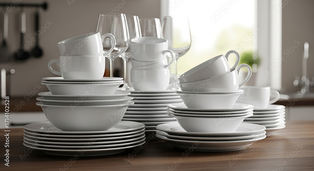 Fototapeta premium Elegant Tableware Stacks on a Wooden Tabletop Dining and Kitchen Essentials