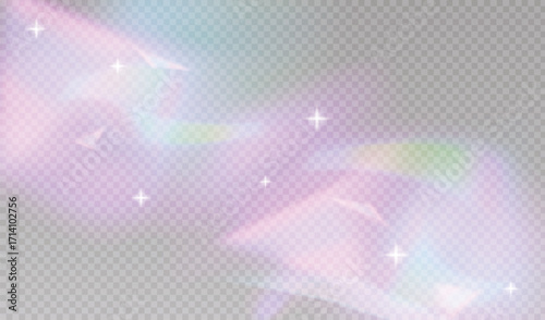 Vector illustration of iridescent holographic gradient background with soft rainbow prism effects and stars on transparent overlay for design template