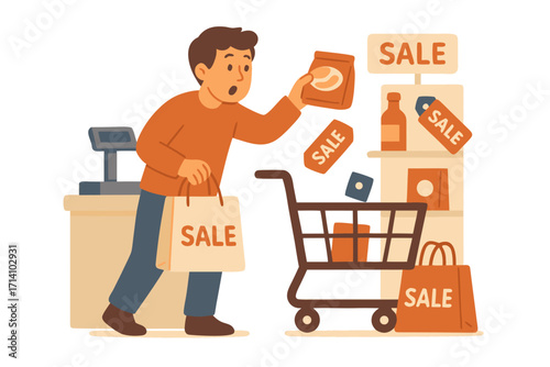 Flat vector illustration of man shopping during sale, filling cart with discounted products. Concept of Black Friday, holiday shopping, consumer behavior and retail promotion