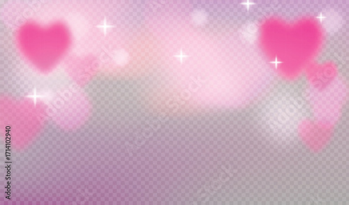 Vector transparent background with pink dreamy clouds with glowing heart shapes, sparkling stars for romantic valentine and love themed design