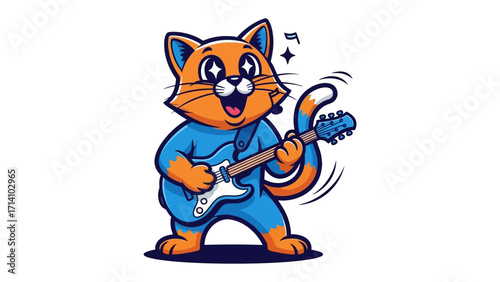 Cat Musician Playing Guitar: A whimsical illustration featuring a charming cartoon cat, animated and expressive, strumming a guitar with joyful enthusiasm and musical notes.