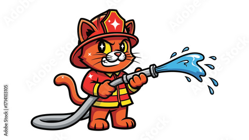 Cat Firefighter: A courageous cat, attired in firefighter gear, resolutely wields a hose to combat a raging inferno, embodying bravery, dedication, and playful heroism