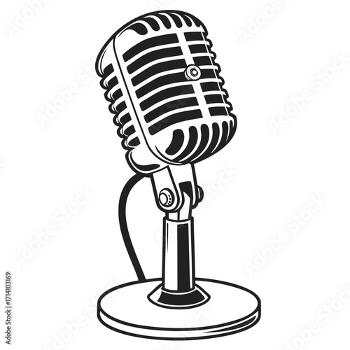 Black and white illustration of a classic microphone on a stand with a thick cable on a white background