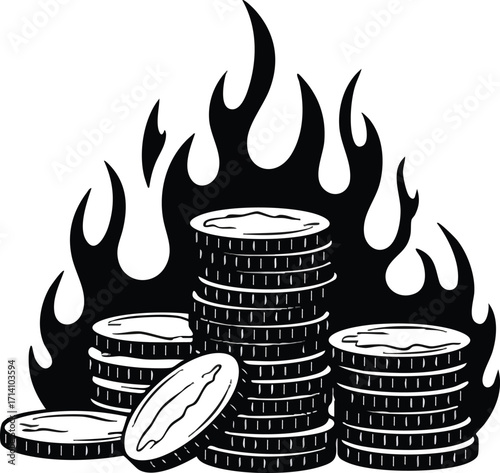 A stylized illustration of stacked coins engulfed in flames, symbolizing financial risk.