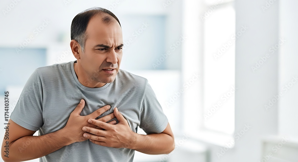 Fototapeta premium A middle-aged man clutches his chest in apparent discomfort or pain, suggesting a medical emergency like a heart attack.