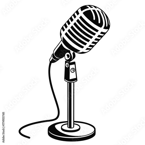 Black and white illustration of a retro microphone on a tall stand with a cable on a white background