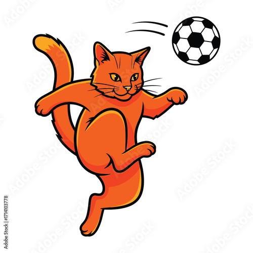 Cat Kicks Ball: An athletic cartoon cat, characterized by vibrant orange fur, displays expert skill as it adeptly kicks a soccer ball with remarkable precision and force.
