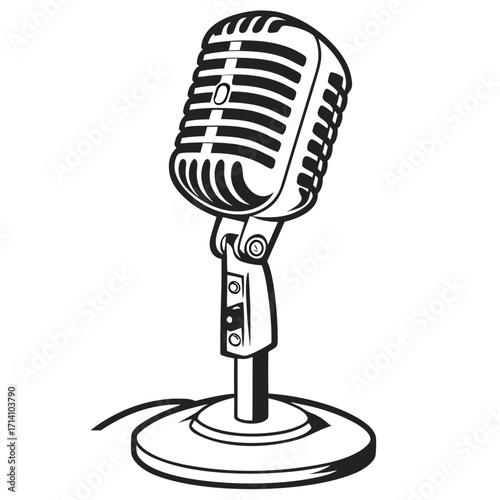 Black and white illustration of a vintage microphone on a circular base stand with a wire on a white background